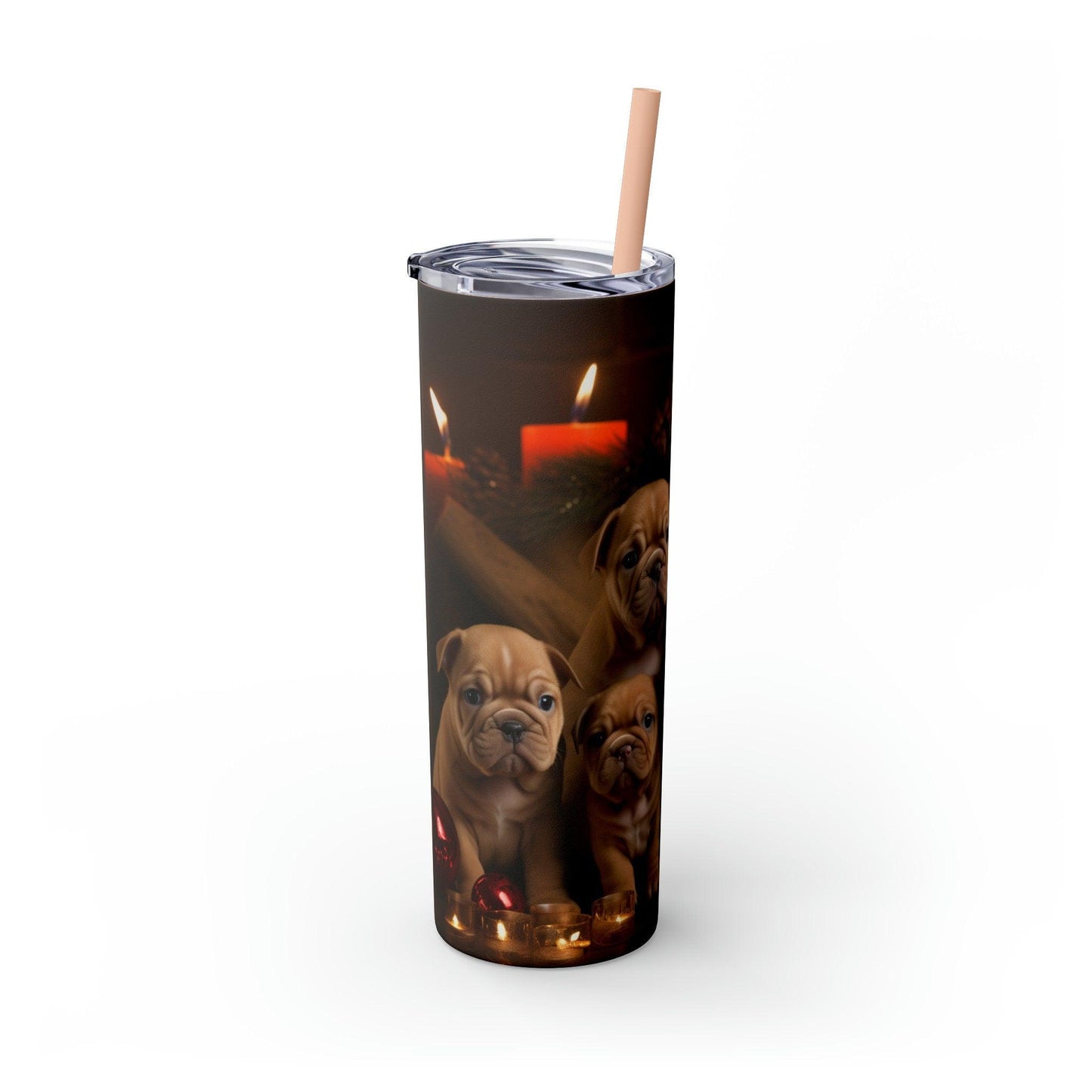 Xmas Holiday Skinny Tumbler with Straw, 20oz - Puppy Xmas, Holiday cups, Travel mug, Pet lover gift, Holiday portraits