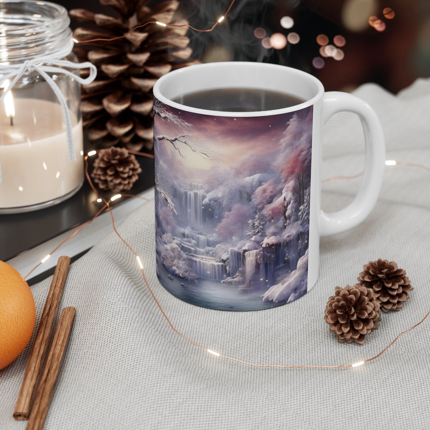 Ceramic Mug 11oz, Winter Cascade, Designer Mug, Colorful mug, Dreamy Mug, Xmas gift, Unique Mug, Mystic Art