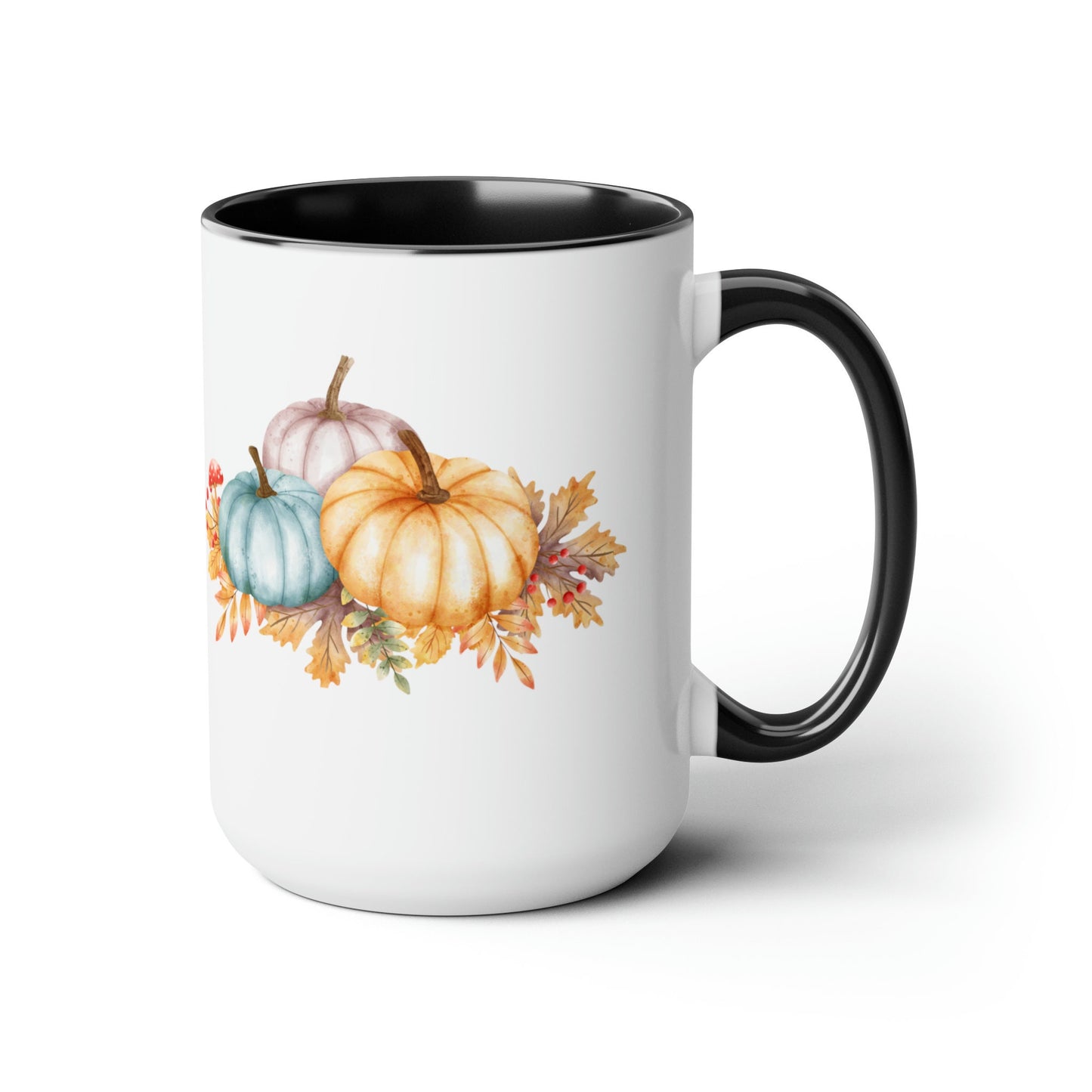 Two-Tone Coffee Mugs, 15oz, Fall November holiday colorful festive pumpkin design large coffee hot tea kitchen decor mug
