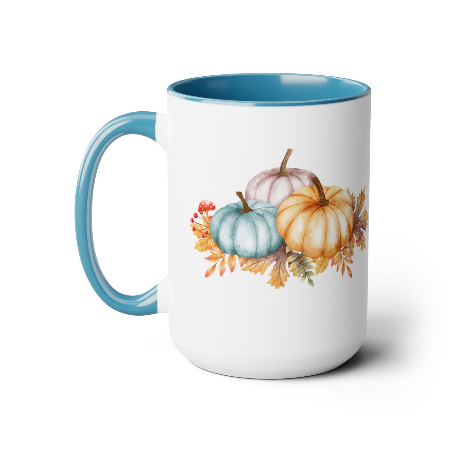 Two-Tone Coffee Mugs, 15oz, Fall November holiday colorful festive pumpkin design large coffee hot tea kitchen decor mug