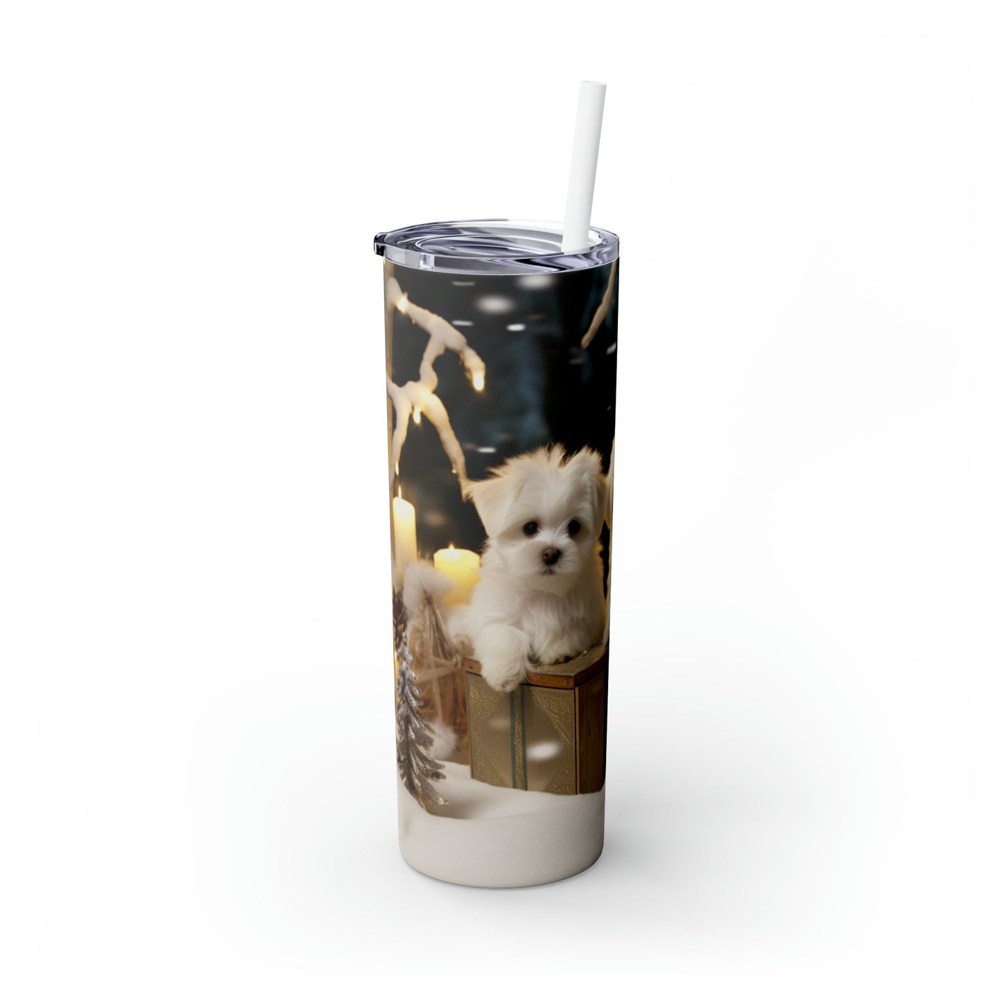 Holiday Tumbler with Straw, 20 oz, maltese puppy,Designer tumbler, xmas gift, novelty gift, teachers gift, office gift, personalized gift