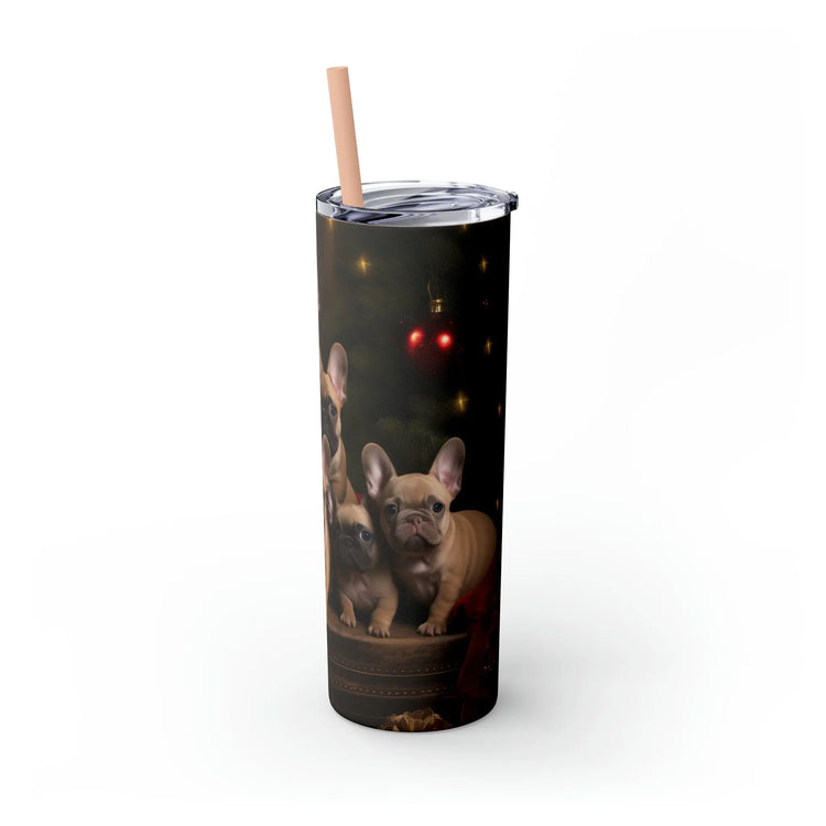 Xmas Holiday Tumbler with Straw, 20oz, Frenchies, Puppy lover cup, Xmas gift, Travel cup, Holiday gifts, Puppy portrait, gift for assistant The Aurora Touch