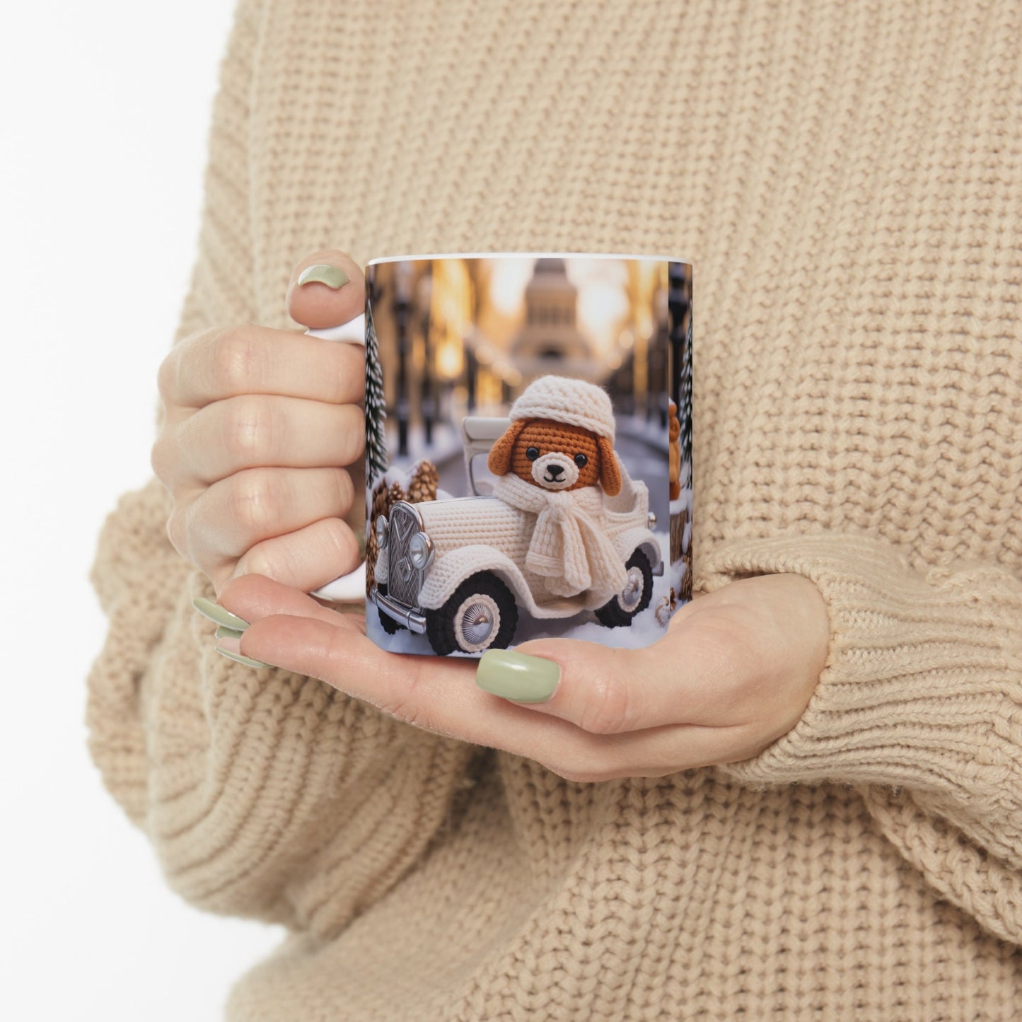 Ceramic Mug 11oz, Crochet design, Holiday mug, coffee cup, Hot tea mug, Designer mug, Xmas novelty mugs, gingerbread man