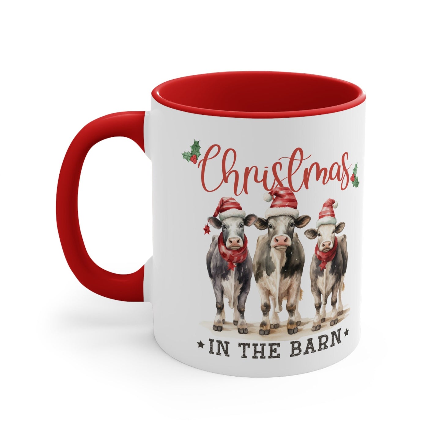 Accent Coffee Mug, 11oz, Christmas in the barn farmhouse country style kitchen design decor two tone hot coco apple cider holiday mood cup