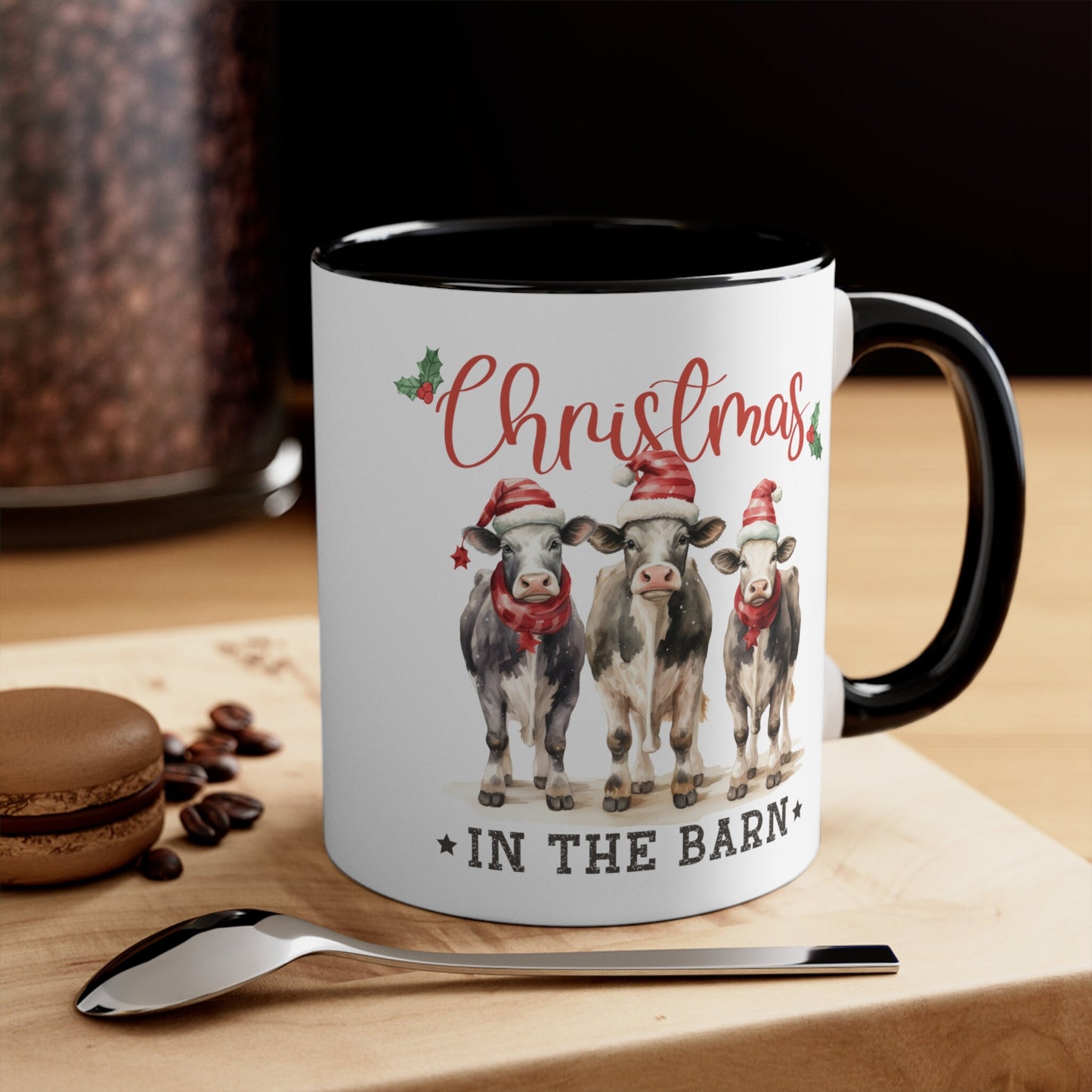 Accent Coffee Mug, 11oz, Christmas in the barn farmhouse country style kitchen design decor two tone hot coco apple cider holiday mood cup