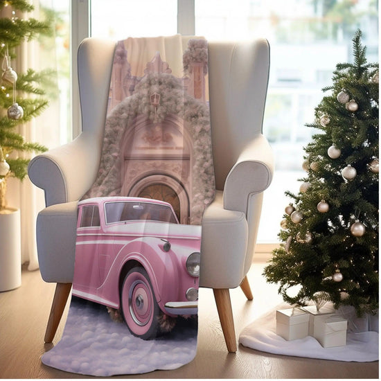 Velveteen Plush Blanket, Pretty in pink luxury classic car image living room bedroom couch fancy soft comfy throw quilt great for holiday The Aurora Touch