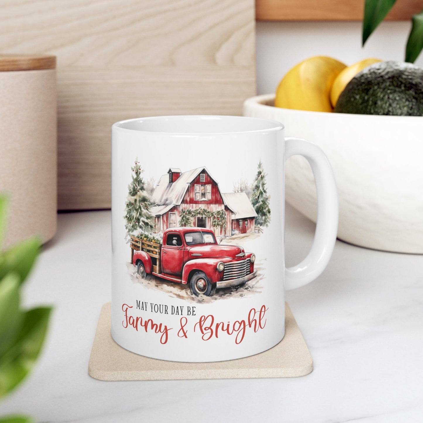 Farm House Design Ceramic Mug 11oz, Xmas Gift Cup, Holiday Coffee Mug, Country Kitchen Decor, Gift for Dad, Xmas Kitchenware