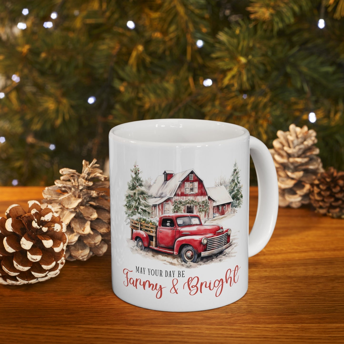 Farm House Design Ceramic Mug 11oz, Xmas Gift Cup, Holiday Coffee Mug, Country Kitchen Decor, Gift for Dad, Xmas Kitchenware