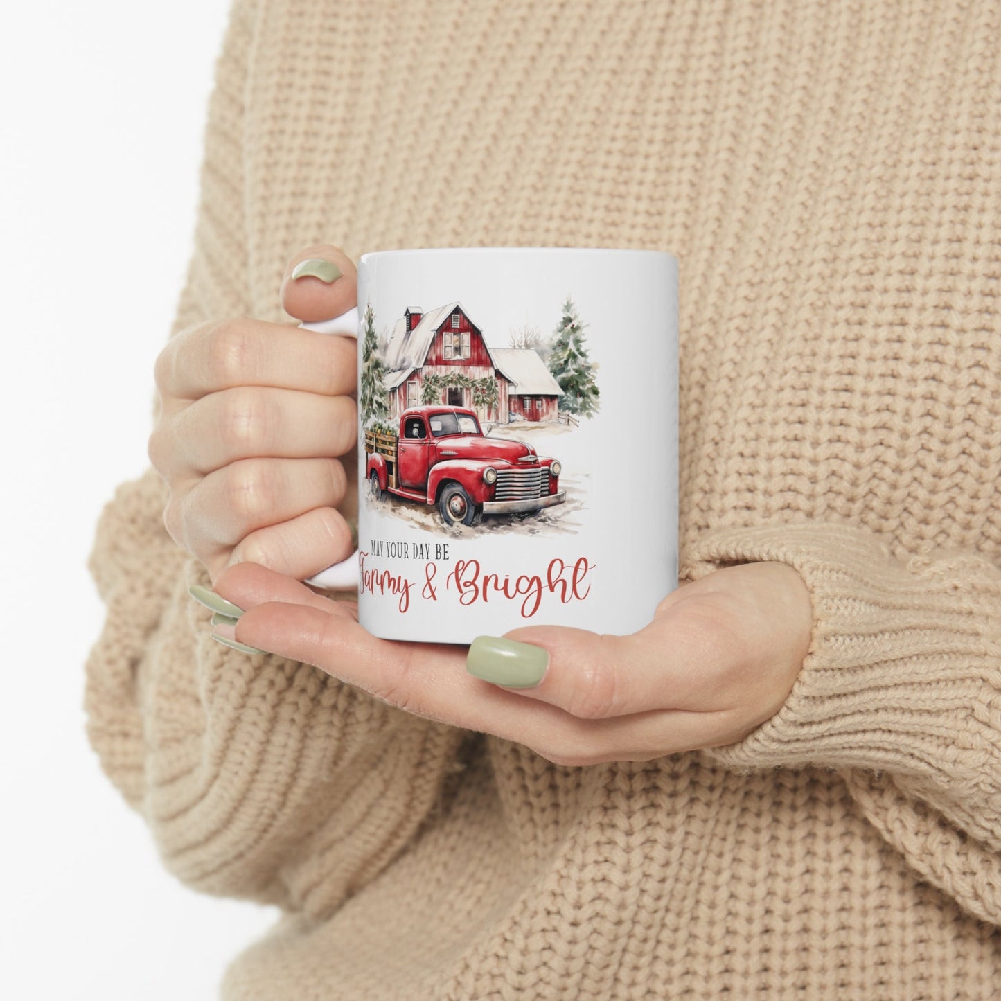 Farm House Design Ceramic Mug 11oz, Xmas Gift Cup, Holiday Coffee Mug, Country Kitchen Decor, Gift for Dad, Xmas Kitchenware