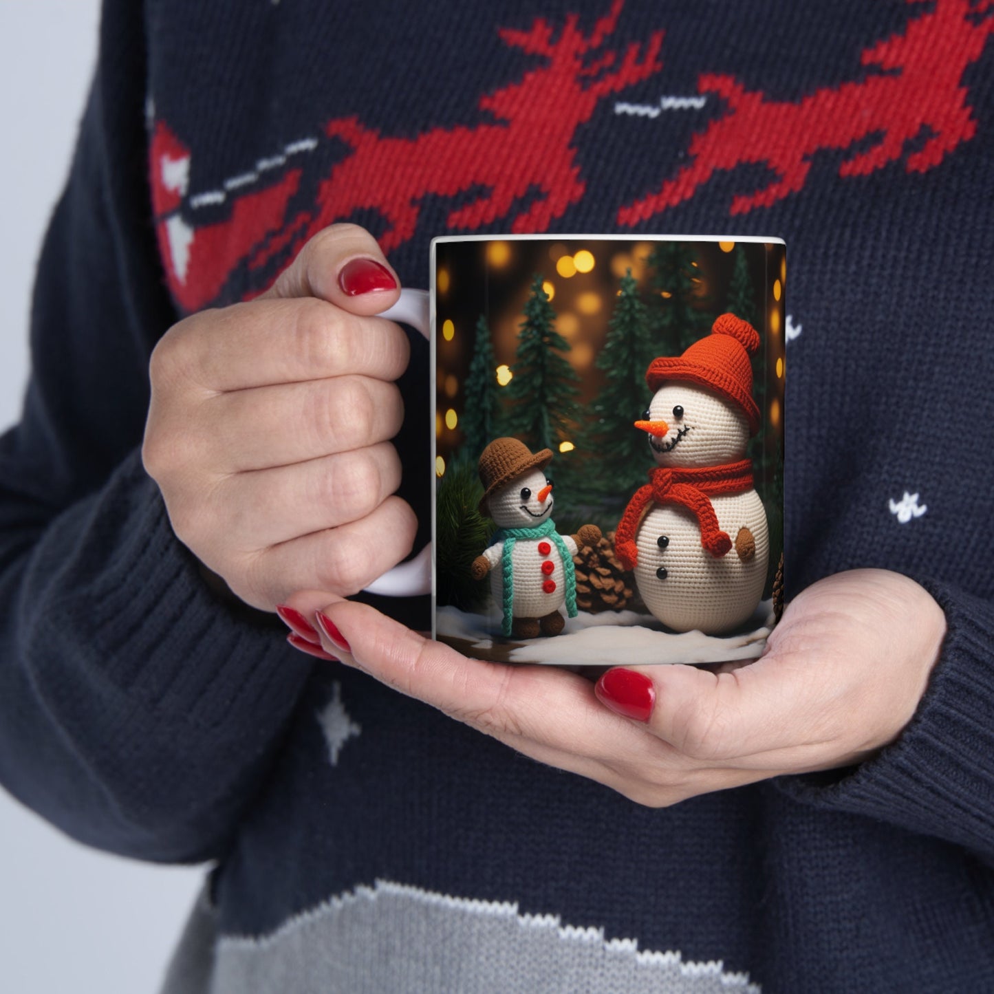 Ceramic Mug 11oz, snowman, Holiday mugs, Xmas Art, Hot Chocolate Mug, Gift for teacher, gift for nurse, Crochet Snowman