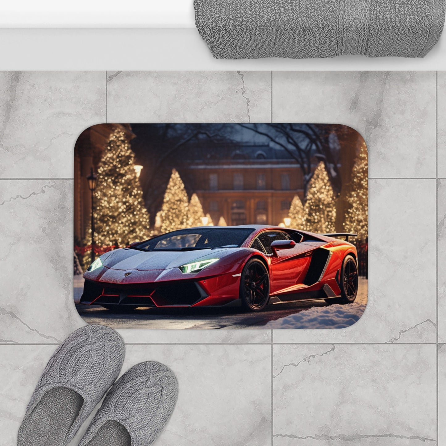 Red Lamborghini Holiday Scenery Bath Mat | Luxury Car Decor | Christmas Gift Ideas