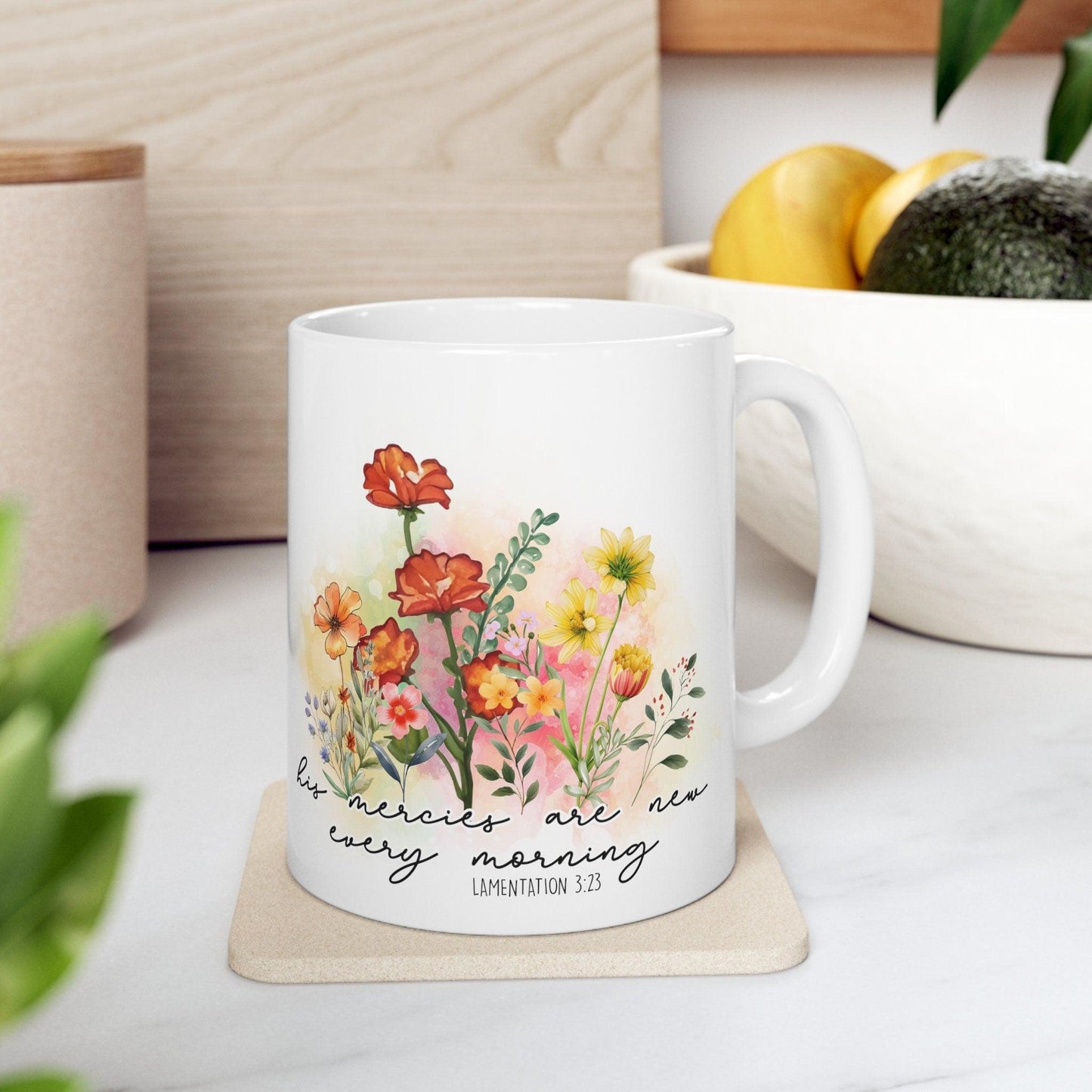 Ceramic Mug 11oz, Positive empowerment Jewish faith floral design coffee tea Bat Mitzvah gift