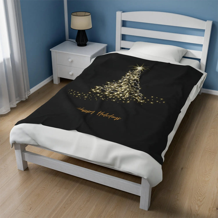 Velveteen Plush Blanket, Happy Holiday Blanket, Xmas tree Design, Black Xmas blanket, Holiday Theme Blanket, Soft Couch Throw The Aurora Touch