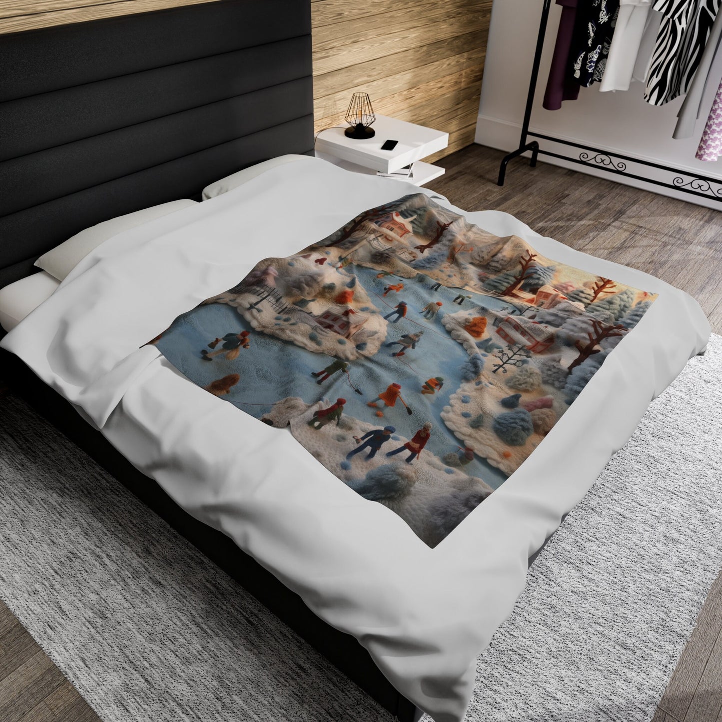 Velveteen Xmas Holiday Plush Blanket any room child bedroom ice skating festive family portraot design soft cozy winter bedspread throw