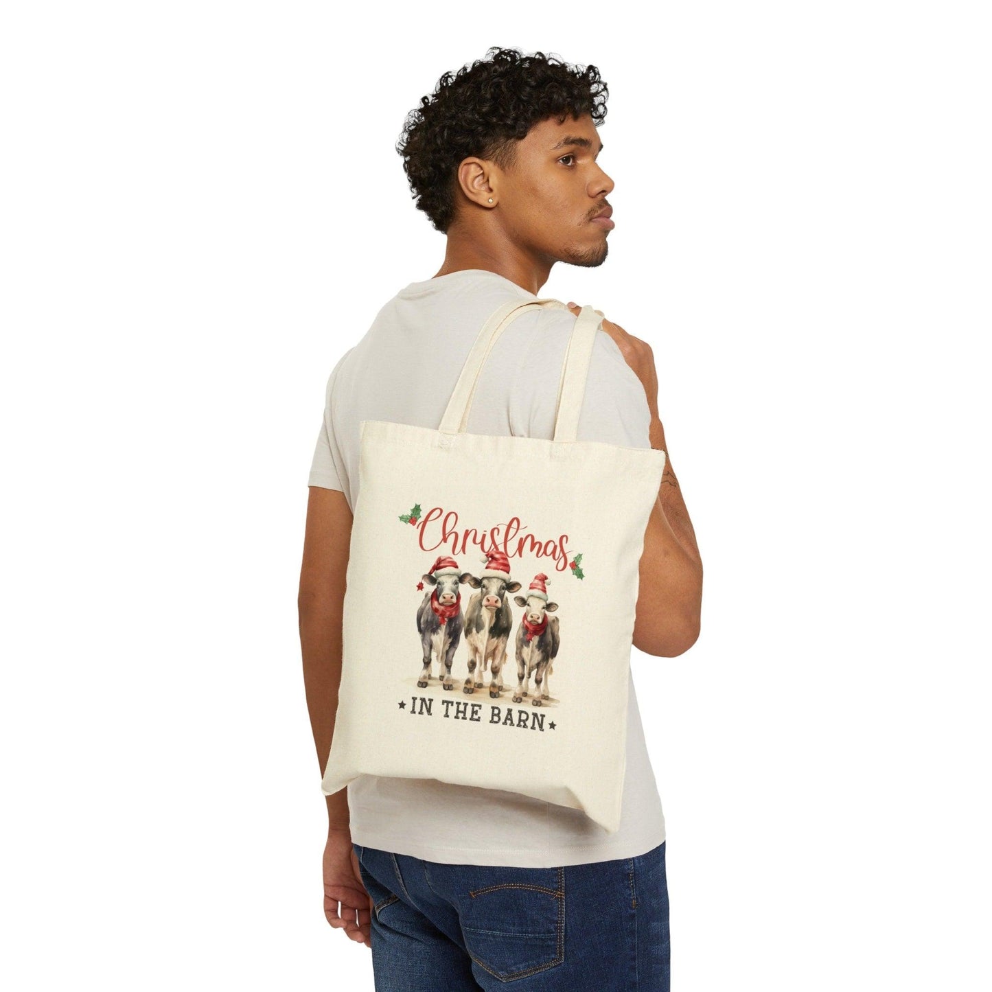 Farm House Country Xmas Cotton Canvas Tote Bag, Holiday Travel Gift Bags, Hand Crafted Shopping Bag