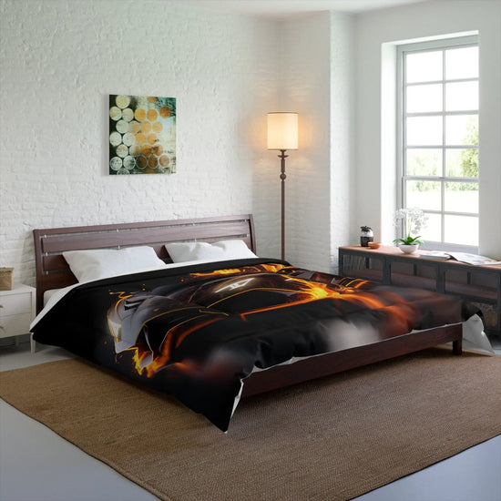 Comforter, Black racing car on fire Lamborghini soft comfy cozy warm stylish young teen bedspread bachelor room decor and great gift The Aurora Touch