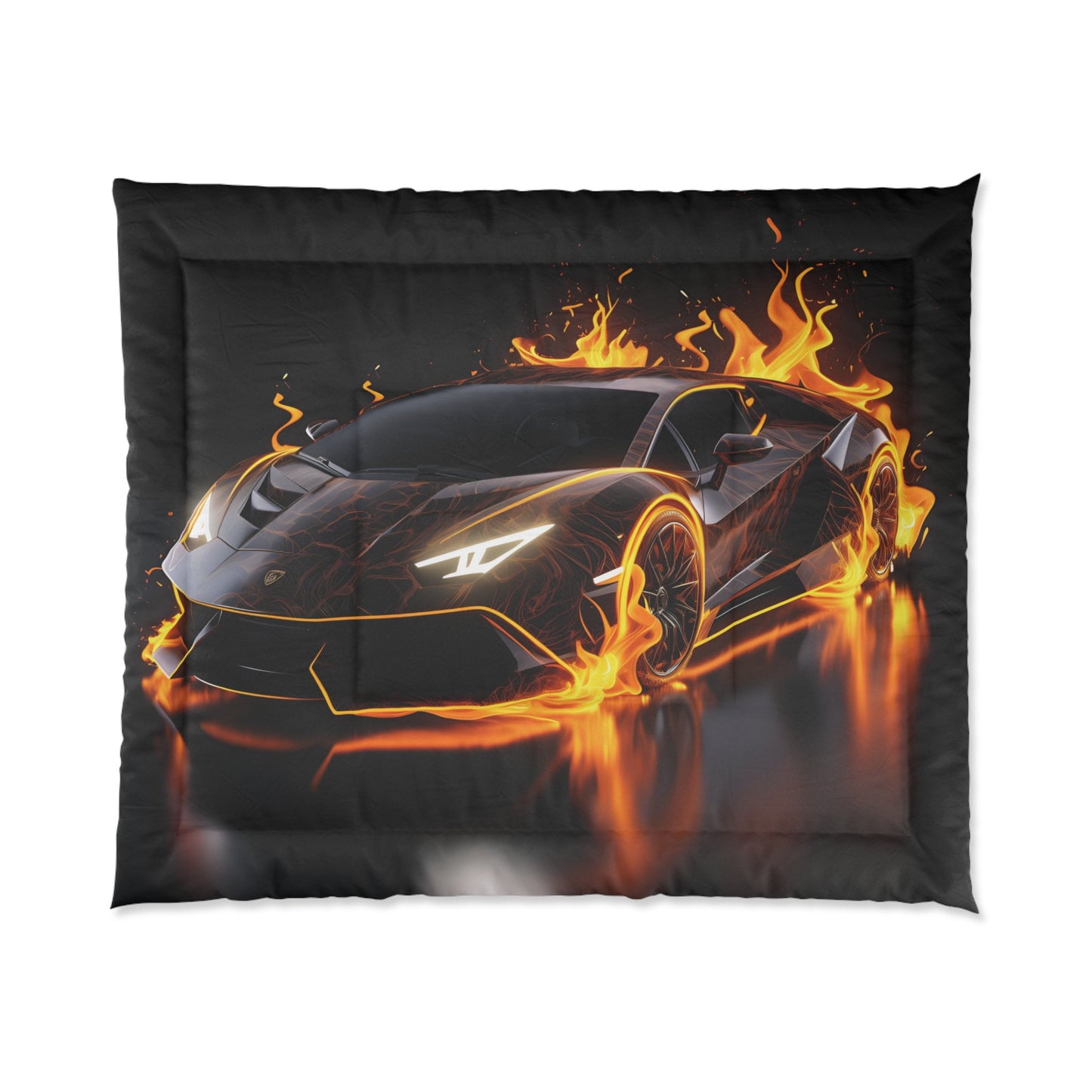 Comforter, Black racing car on fire Lamborghini soft comfy cozy warm stylish young teen bedspread bachelor room decor and great gift