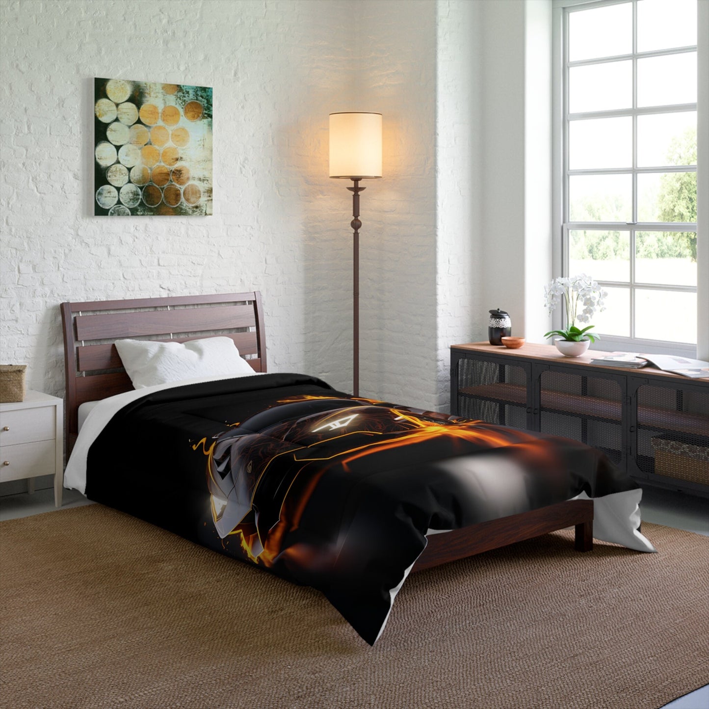 Comforter, Black racing car on fire Lamborghini soft comfy cozy warm stylish young teen bedspread bachelor room decor and great gift