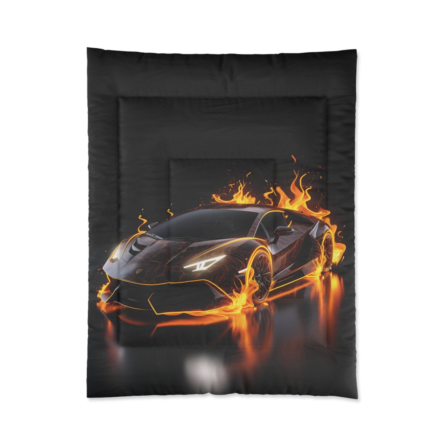 Comforter, Black racing car on fire Lamborghini soft comfy cozy warm stylish young teen bedspread bachelor room decor and great gift