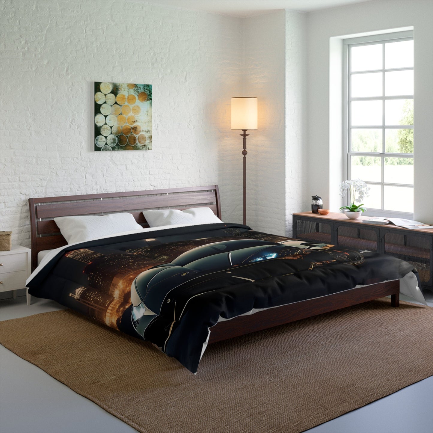 Comforter, Shiny Black Lamborghini designer style warm weather cozy fluffy unique bedspread quilt for Teen Room