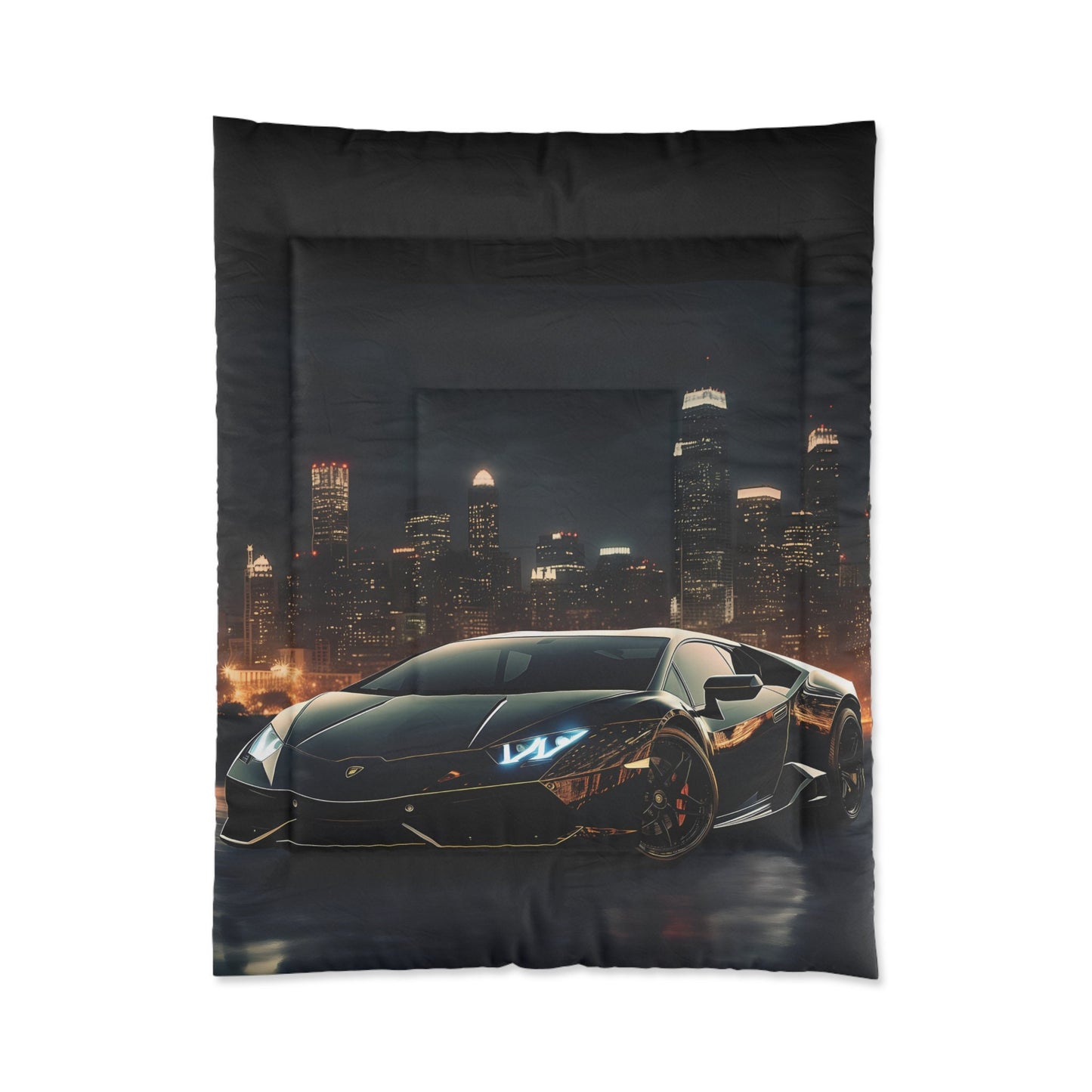Comforter, Shiny Black Lamborghini designer style warm weather cozy fluffy unique bedspread quilt for Teen Room