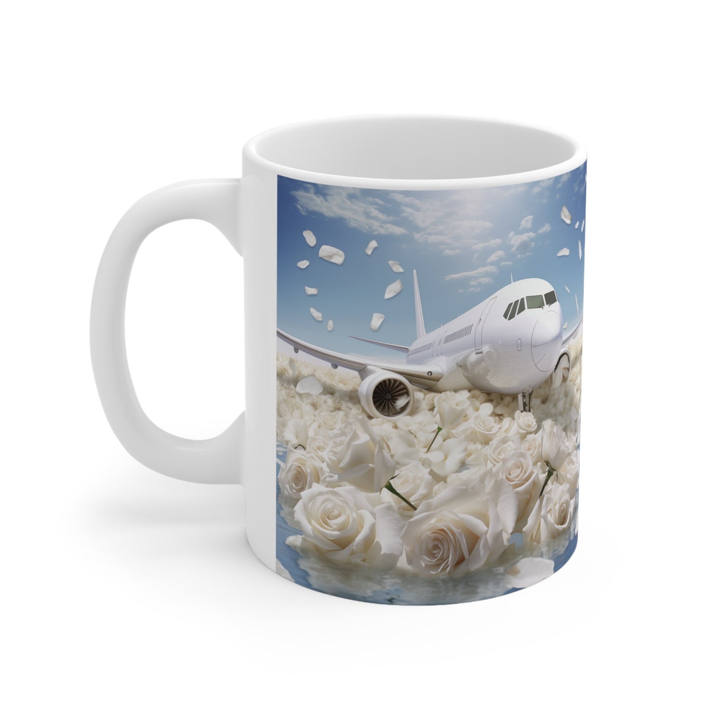 Ceramic Mug 11oz, White Jet floral luxury design portrait art jet-setter fancy pilot stewardess beverage mug gift