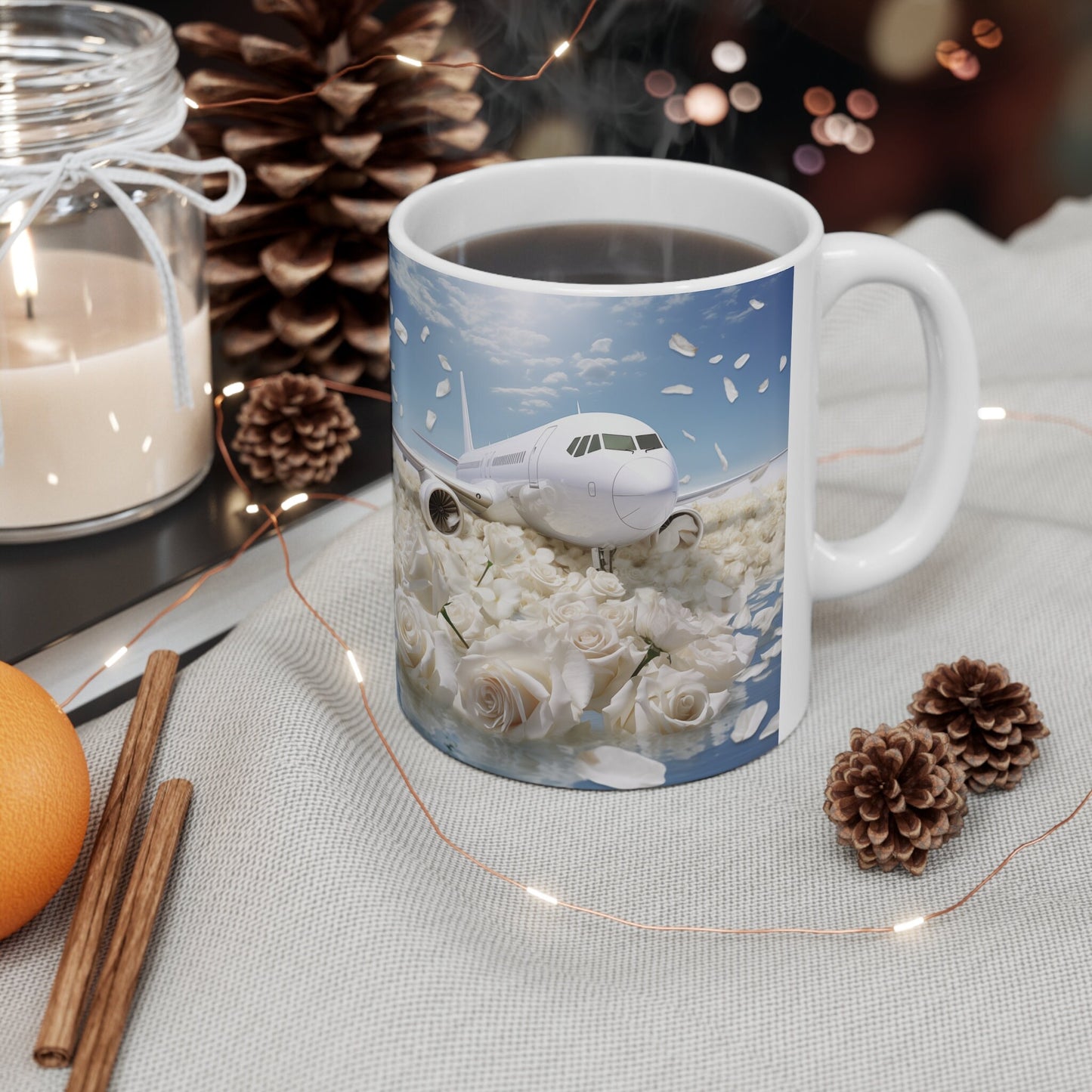 Ceramic Mug 11oz, White Jet floral luxury design portrait art jet-setter fancy pilot stewardess beverage mug gift