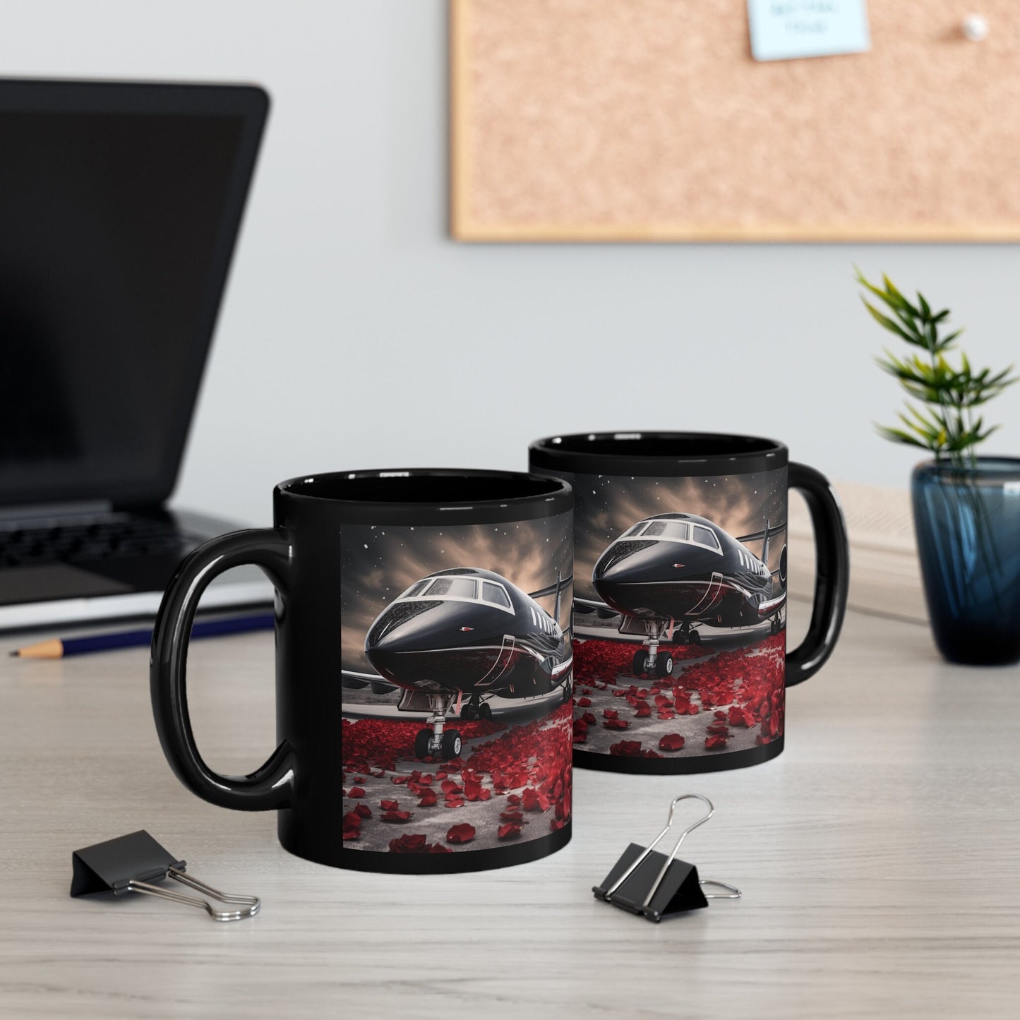 11oz Black Mug, Black Jetsetter fancy red rose petal design traveler beverage cup great for Pilot stewardess gift