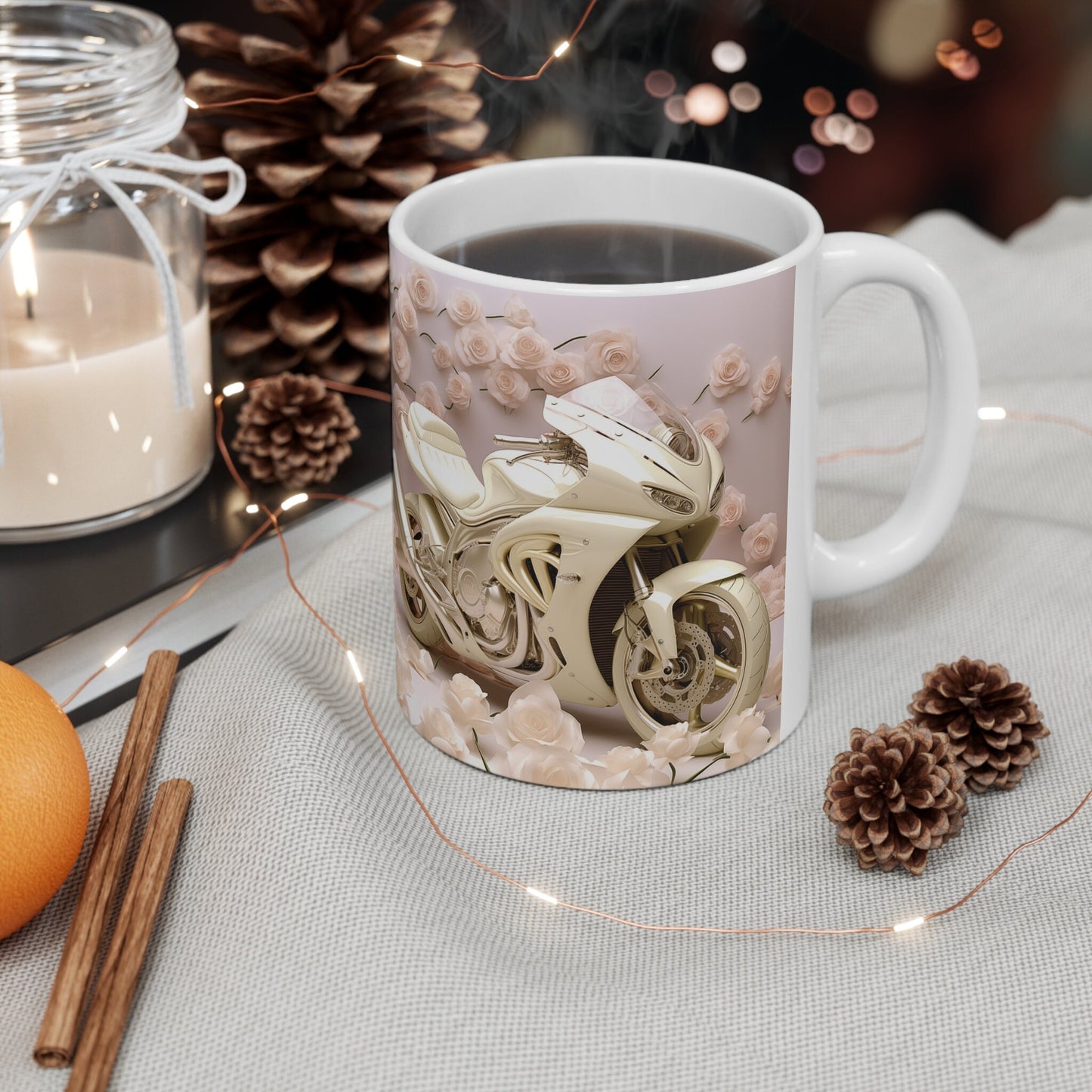 Taza de cerámica de 11 oz, diseño floral pastel de motocicleta elegante, taza para café, té caliente, bebida, gran regalo para ella