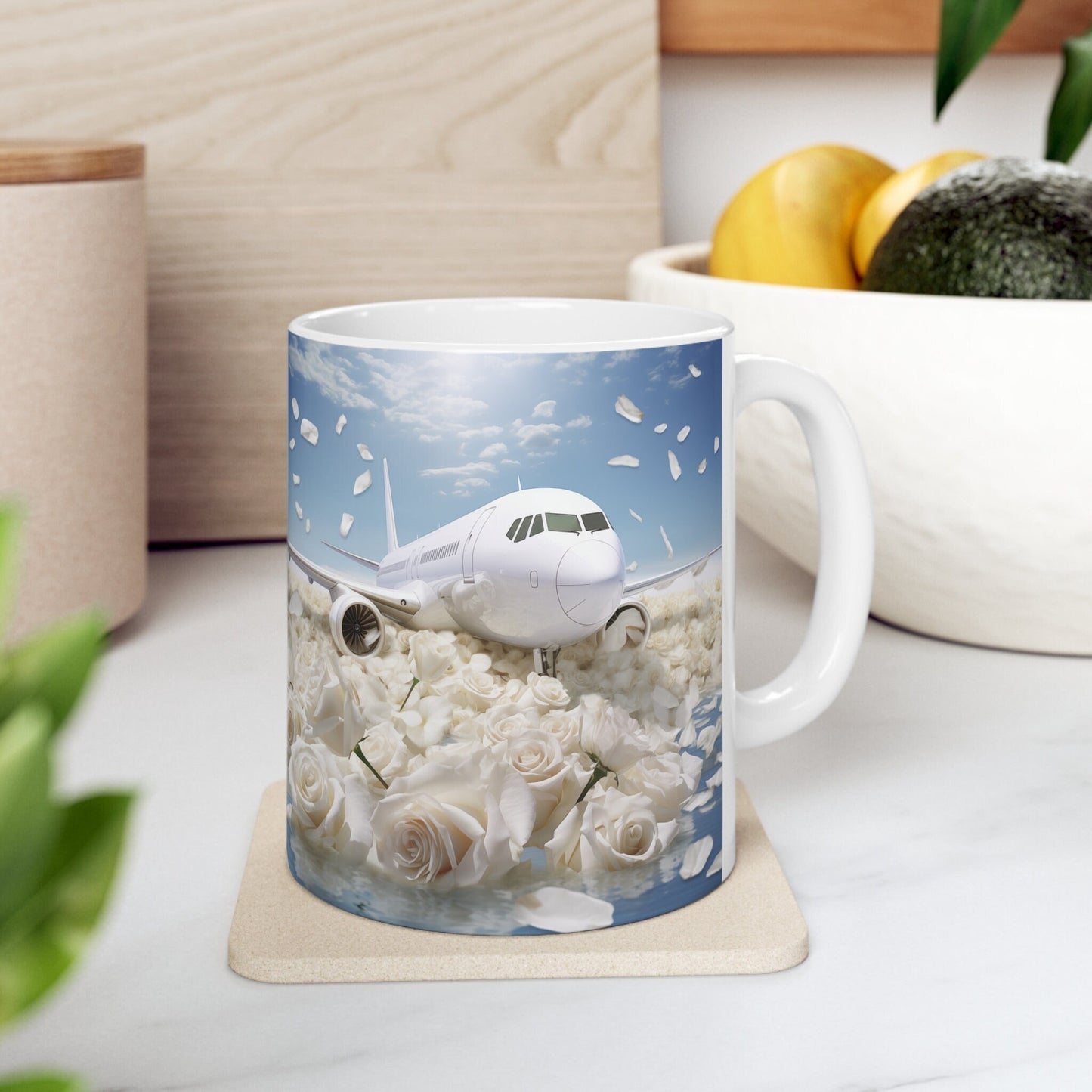 Ceramic Mug 11oz, White Jet floral luxury design portrait art jet-setter fancy pilot stewardess beverage mug gift