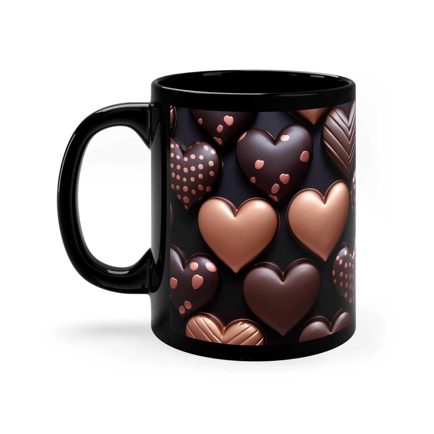 11oz Black Mug, Heart chocolate candy print pattern all over design theme valentines birthday sweatheart coffee beverage cup gift