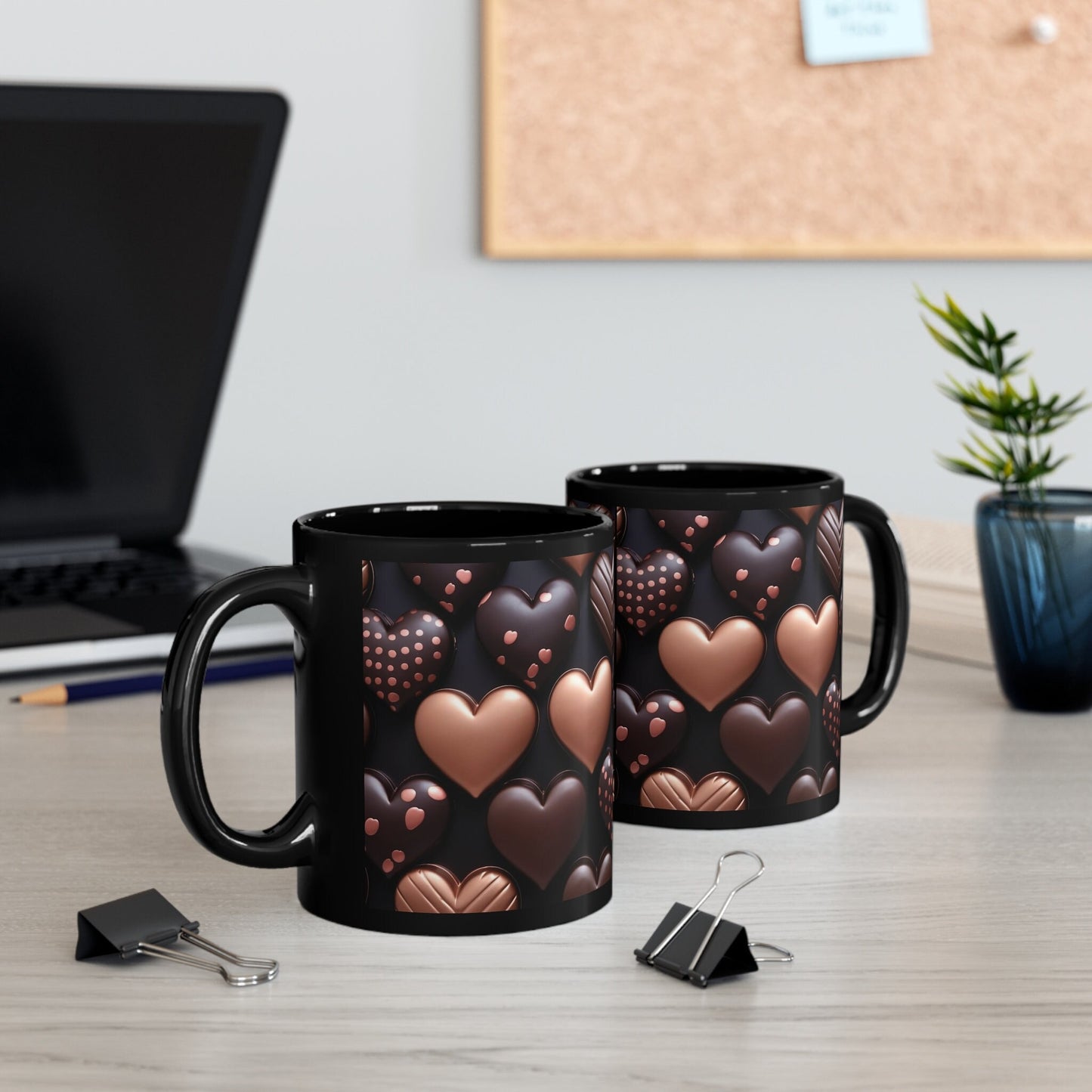11oz Black Mug, Heart chocolate candy print pattern all over design theme valentines birthday sweatheart coffee beverage cup gift