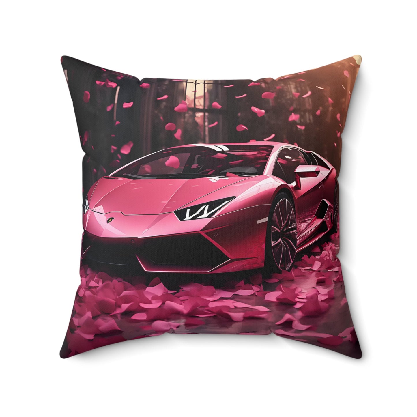 Spun Polyester Square Pillow, Hot pink Lamborghini art couch modern bedroom valentines decor stylish throw pillow
