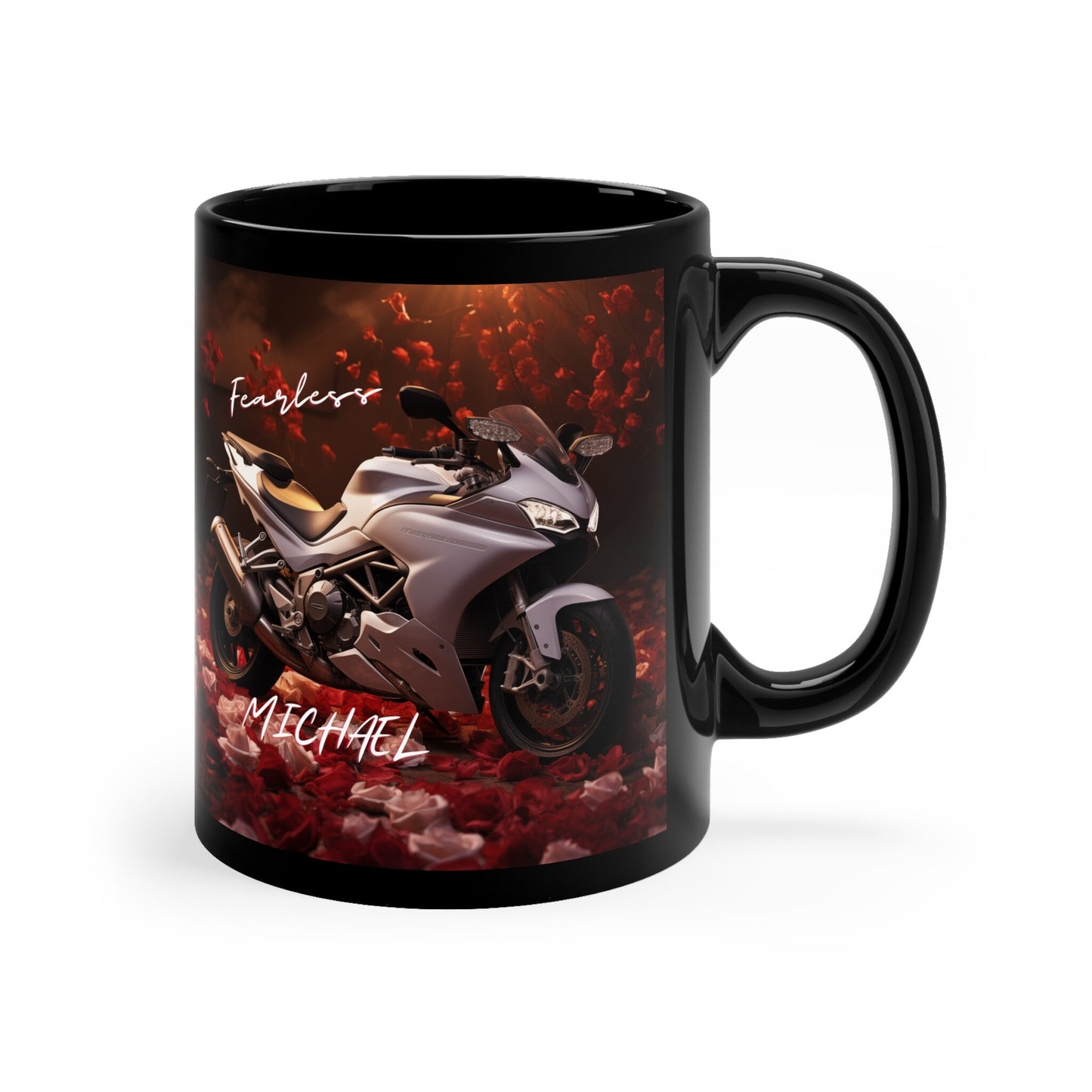 11oz Black Mug, Personalized stylish Ducatti motorcycle design fancy bike portrait beverage cup great for Bachelor boyfriend husband