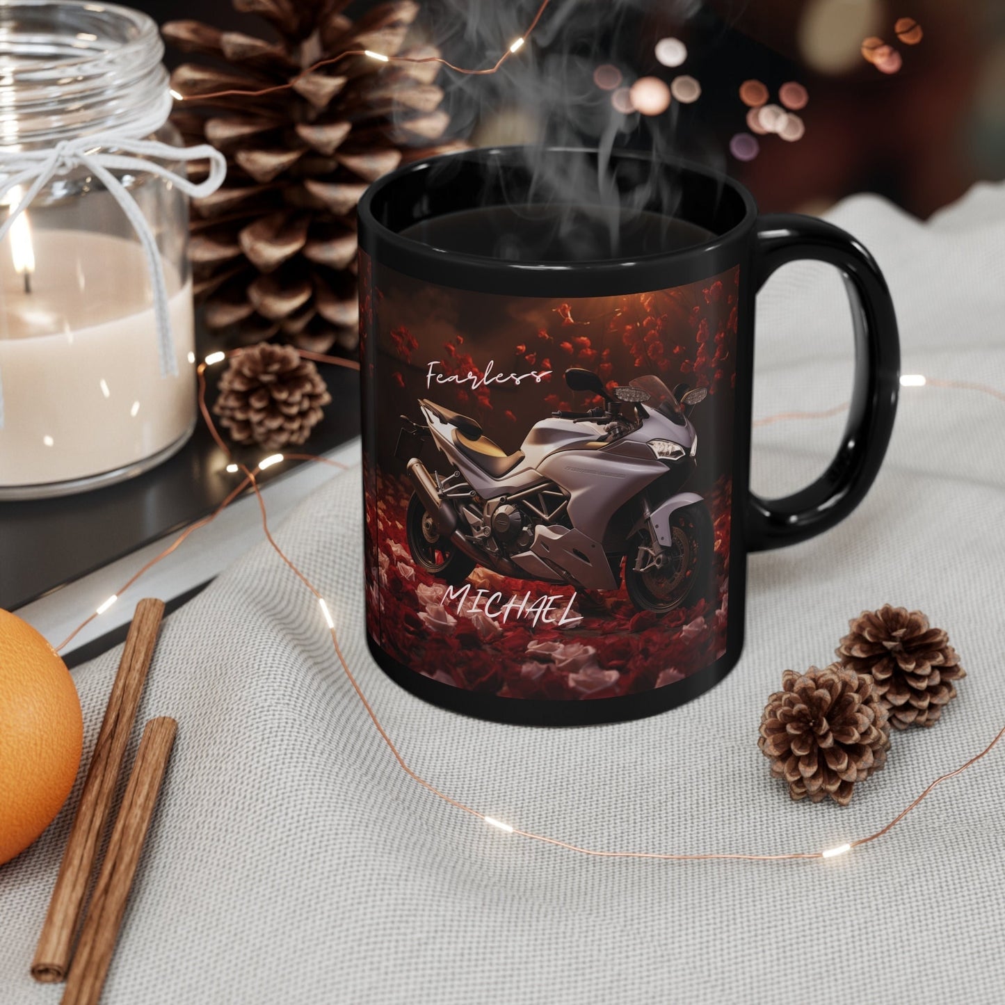 11oz Black Mug, Personalized stylish Ducatti motorcycle design fancy bike portrait beverage cup great for Bachelor boyfriend husband