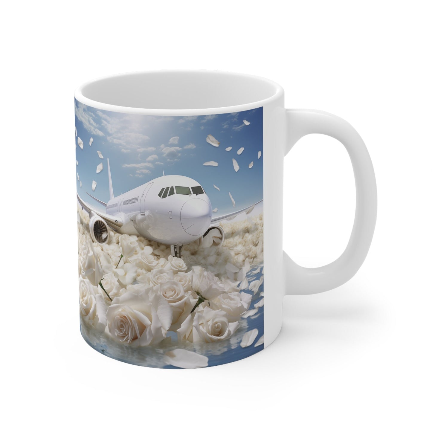 Ceramic Mug 11oz, White Jet floral luxury design portrait art jet-setter fancy pilot stewardess beverage mug gift