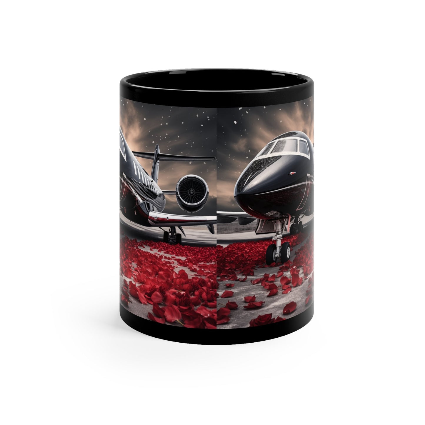 11oz Black Mug, Black Jetsetter fancy red rose petal design traveler beverage cup great for Pilot stewardess gift