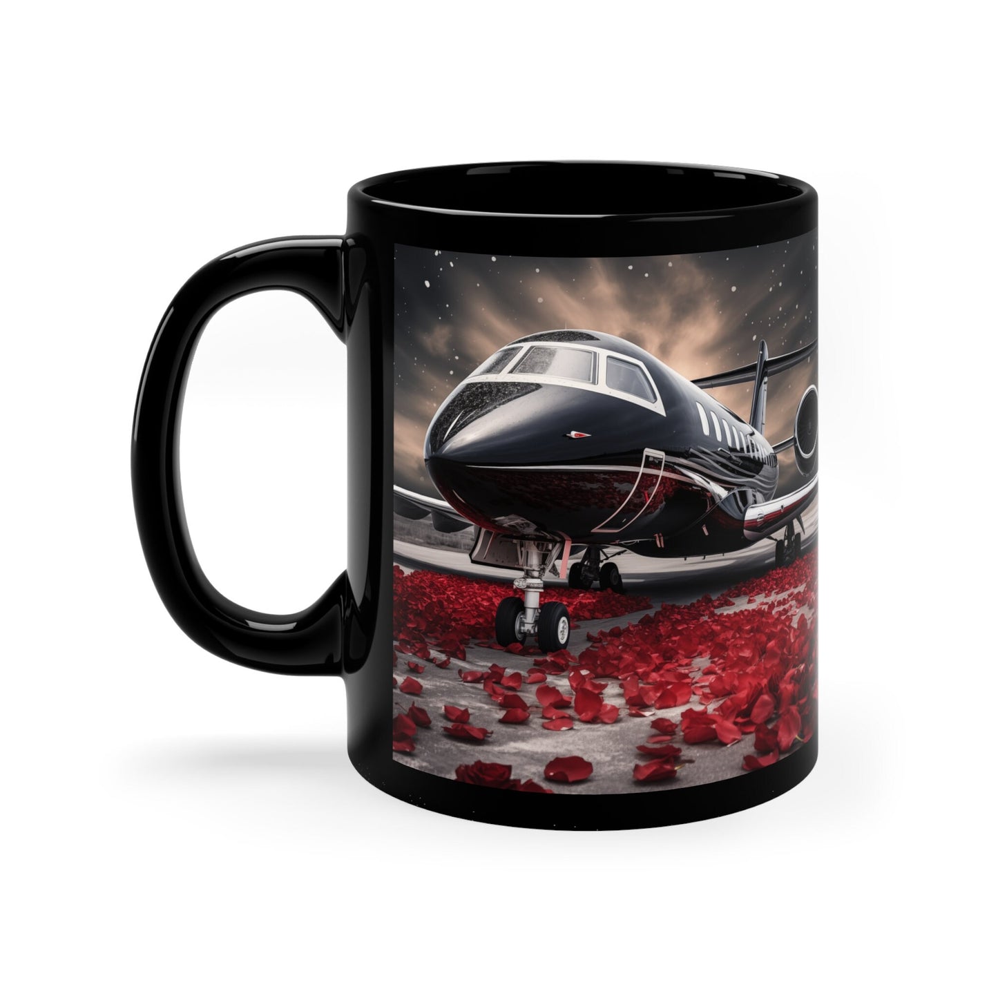 11oz Black Mug, Black Jetsetter fancy red rose petal design traveler beverage cup great for Pilot stewardess gift