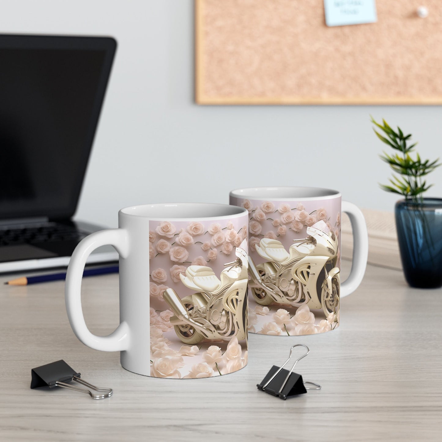 Taza de cerámica de 11 oz, diseño floral pastel de motocicleta elegante, taza para café, té caliente, bebida, gran regalo para ella
