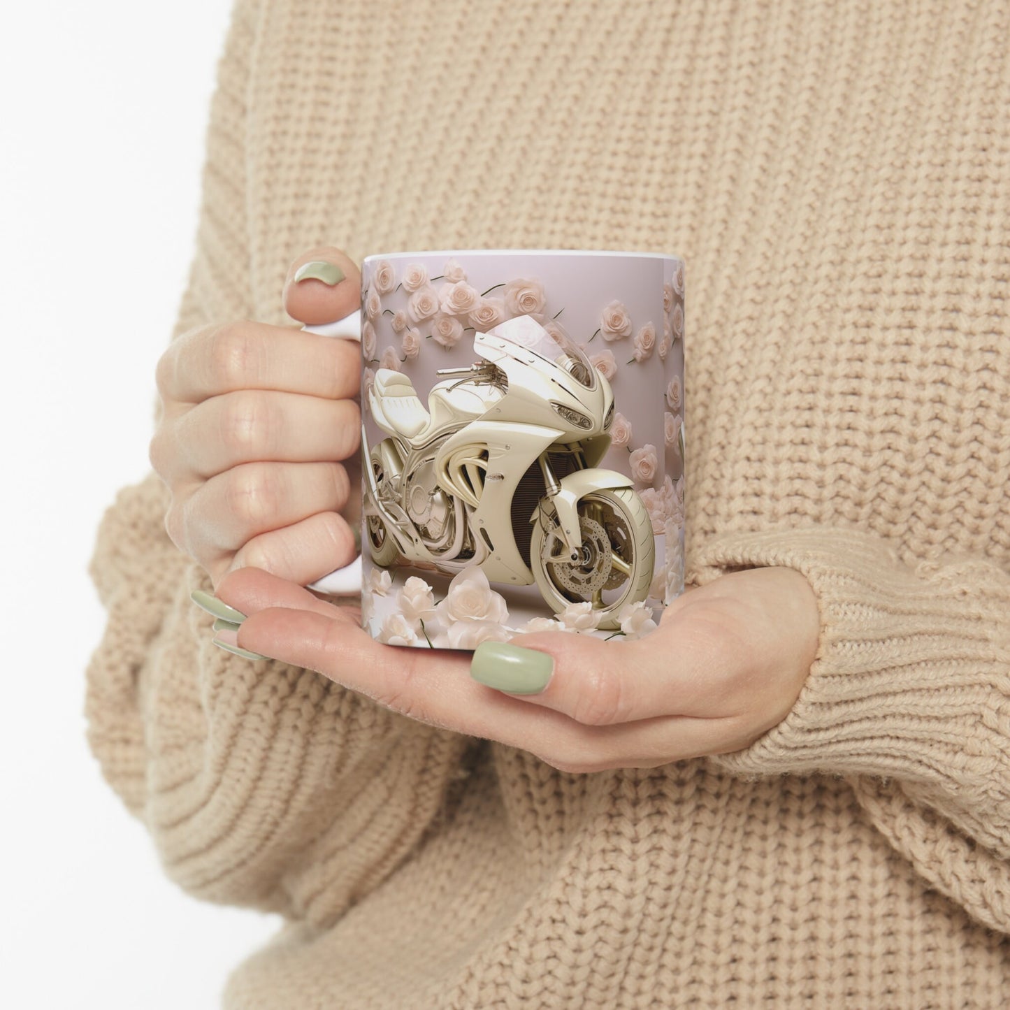 Taza de cerámica de 11 oz, diseño floral pastel de motocicleta elegante, taza para café, té caliente, bebida, gran regalo para ella
