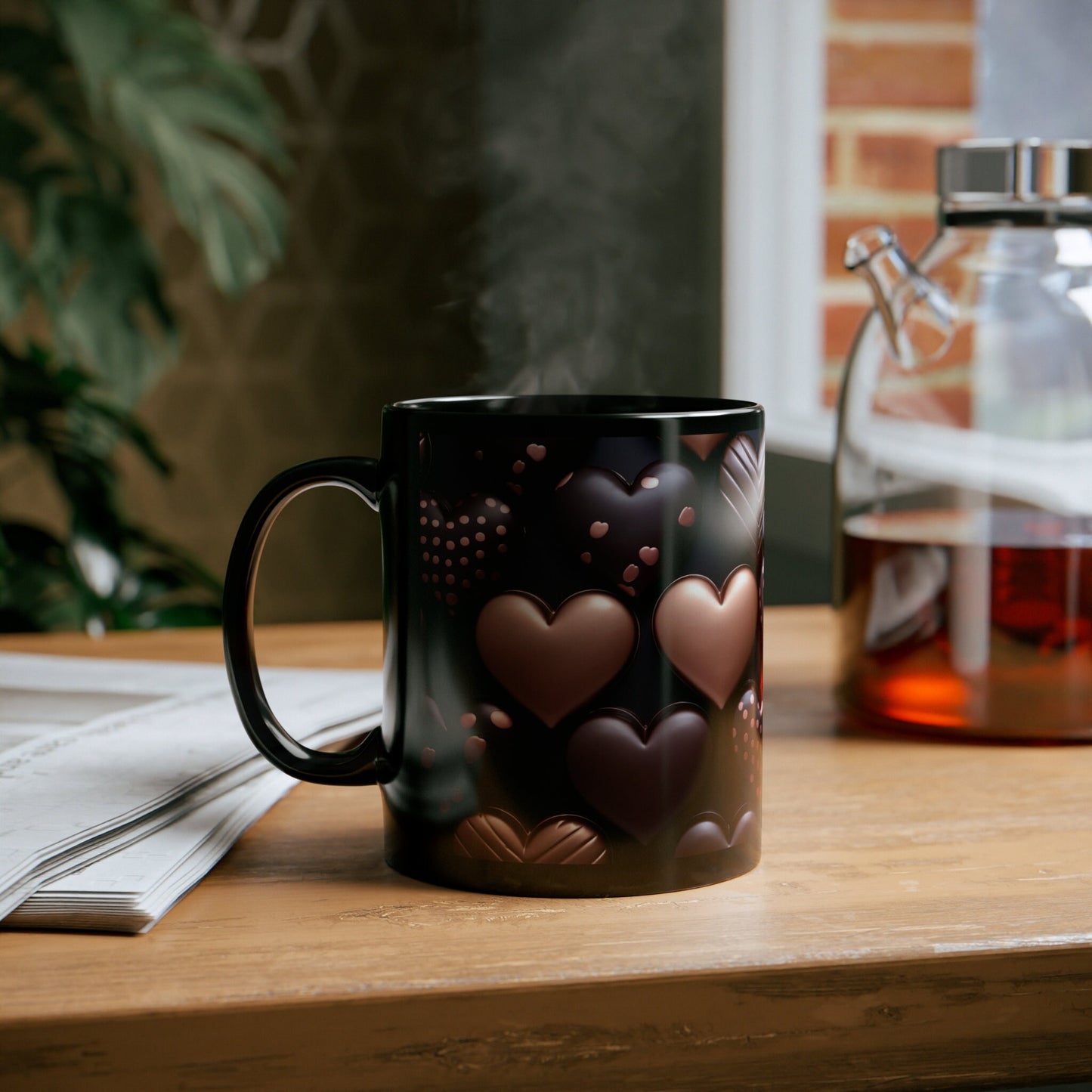 11oz Black Mug, Heart chocolate candy print pattern all over design theme valentines birthday sweatheart coffee beverage cup gift