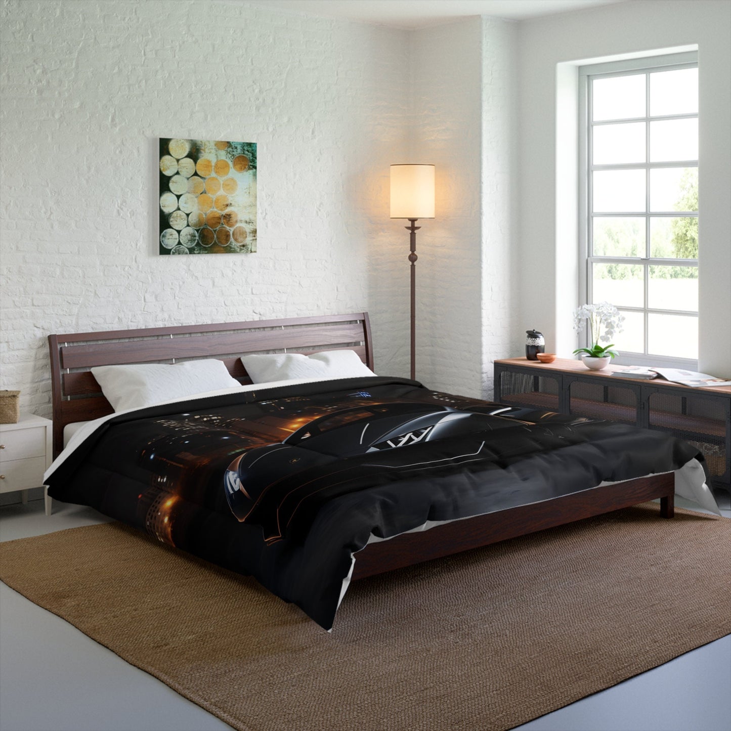 Comforter, matte black Lamborghini stylish bed spread large fluffy quilted coverlet blanket great for Teen room decor