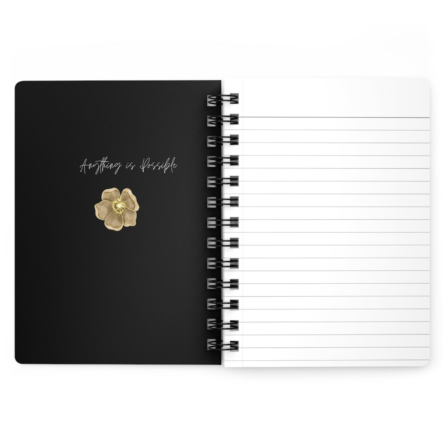 Spiral Bound Journal, Black and Gold Journal, Motivational Journal, Gold Flower Notebook, Stylish writing Notebook, Spiral Notepad