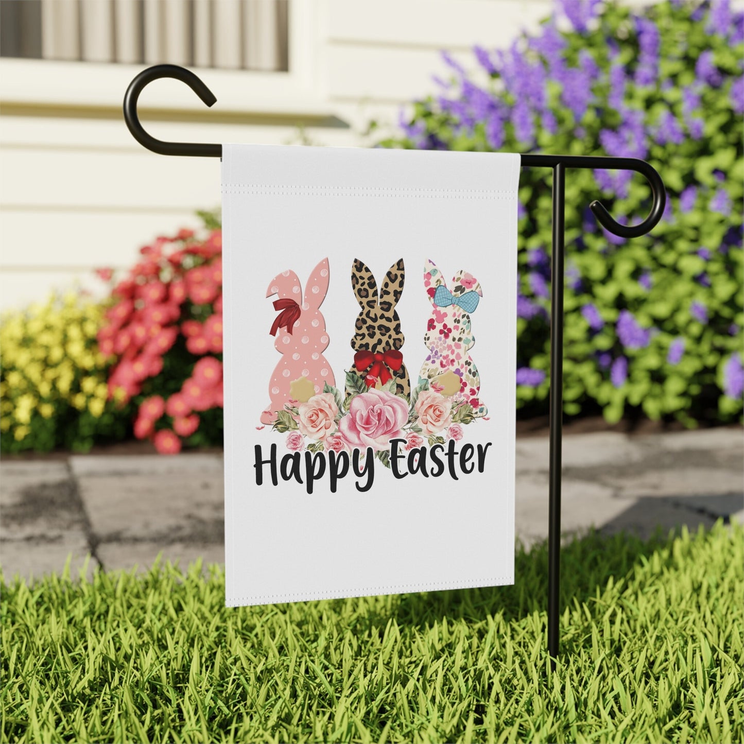 Garden & House Banner, Leopard Print Easter Bunny, Happy Easter Garden Banner, Outside Home Decor, Festive outdoor spring Flag