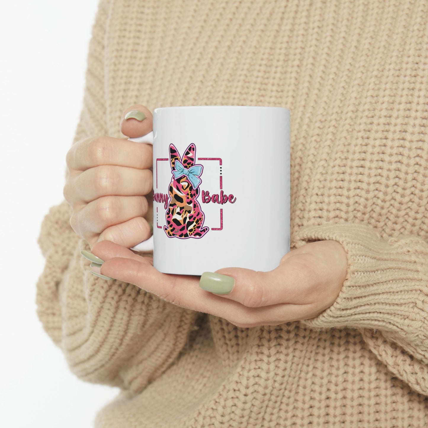 Ceramic Mug, 11oz, Bunny Babe Coffee Mug, Cute adorable springtime mug, cute holiday kitchenware, gift for her