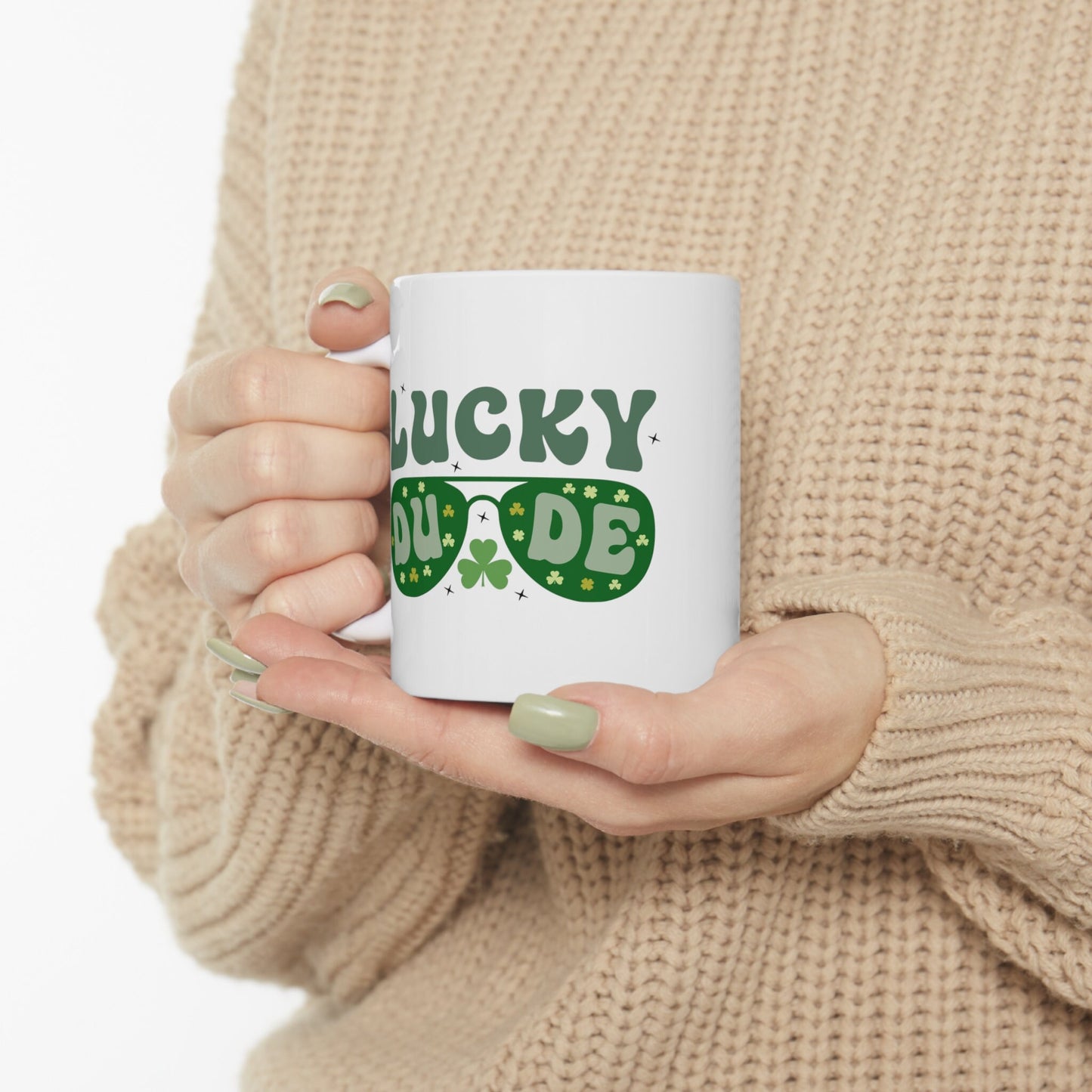 Ceramic Mug 11oz, Lucky Dude St Pattys Day Mug, Green Clover Coffee Mug, Shamrock Lucky Male Mug, Festive Holiday Cup