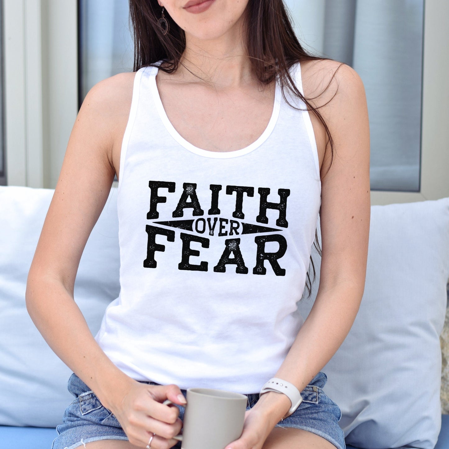 Women's positive tank top, Women faith over fear strong independent female positive message girl summer casual jeans shorts daily shirt