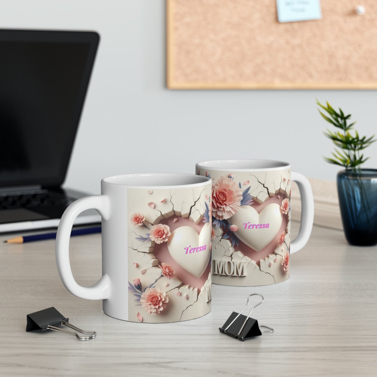 Ceramic Mug, 11oz, Personalized 3D Mom Mug, Pretty Pink Carnation Coffee Mug, Special Mothers Day Mug, Thoughtful Mom Gift