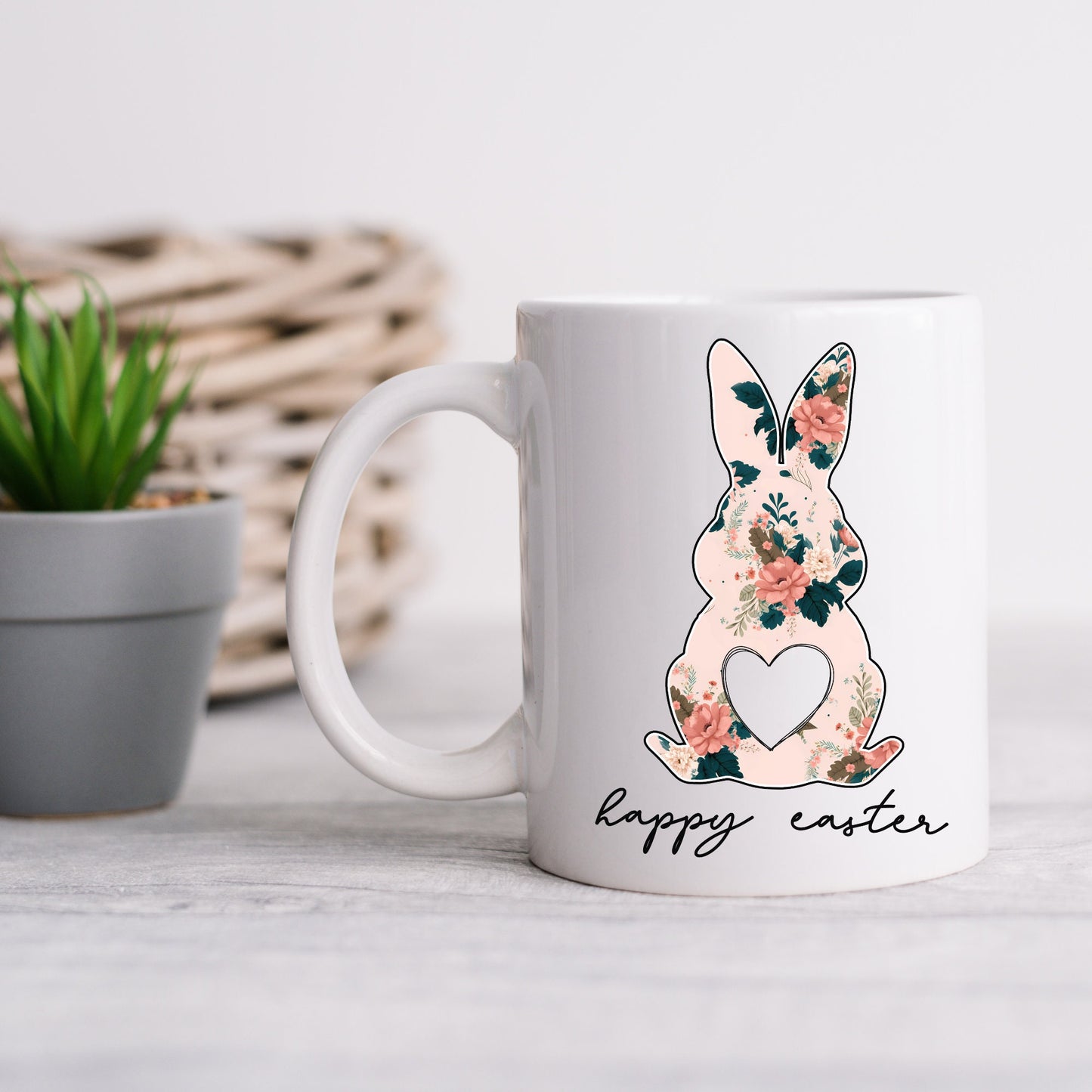 Ceramic Mug, 11oz,Easter Bunny Coffee Mug, Pretty Springtime Mug, Minimilist gift item, subtle sweet designs, Easter Holiday Kitchenware