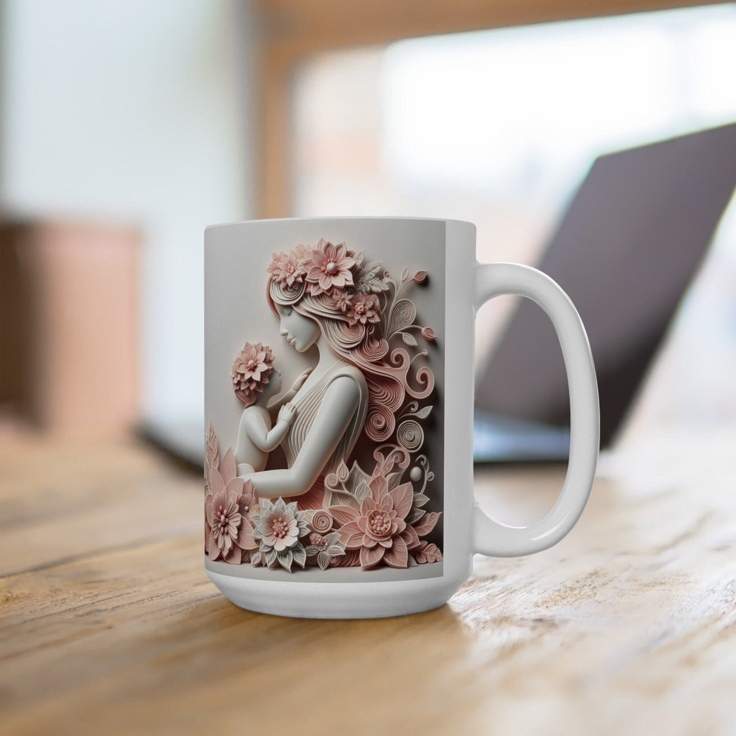 Ceramic Mug 15oz, Mother child large pink white floral everyday mom daughter beverage unique special gift cup